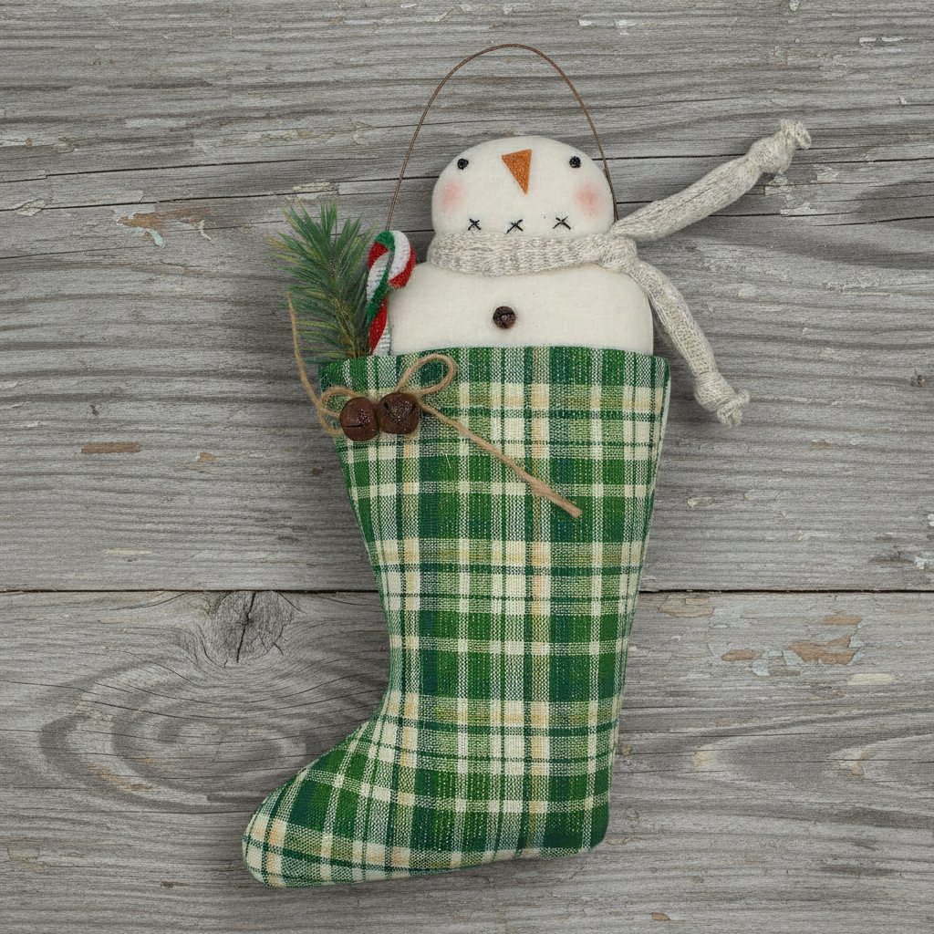 Decorative stocking with a snowman design on a wooden surface