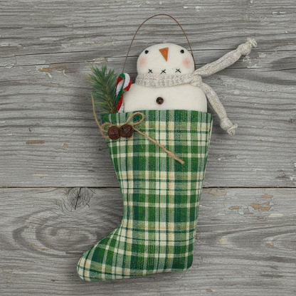 Decorative stocking with a snowman design on a wooden surface
