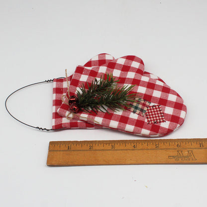 Primitive Red Patched Mittens Fabric Ornament – Rustic Winter Decor