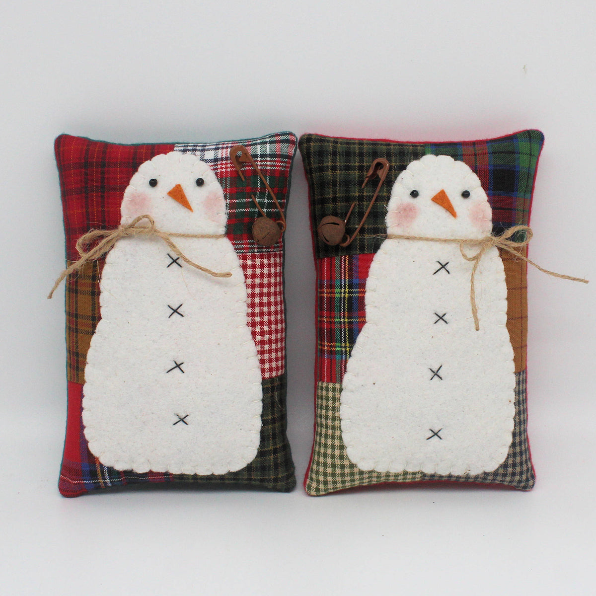 Homespun Patchwork Snowman Bowl Fillers – Set of 2 Winter Decor