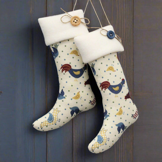 Pair of decorative stockings with chicken pattern