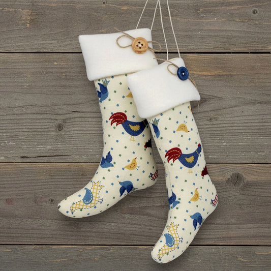 Decorative stockings with chicken pattern hanging on a wooden surface