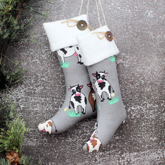 Christmas Stockings Ornaments Gray Farmhouse Cows