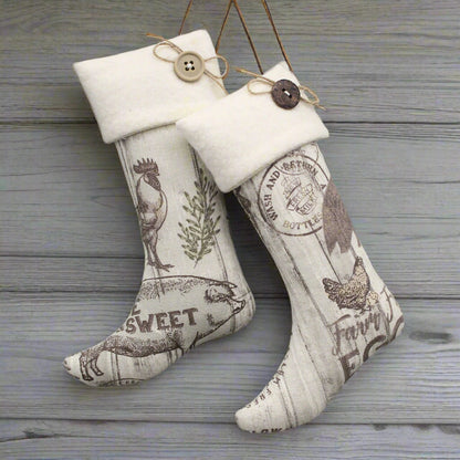 Decorative stockings with vintage-style patterns on a gray background