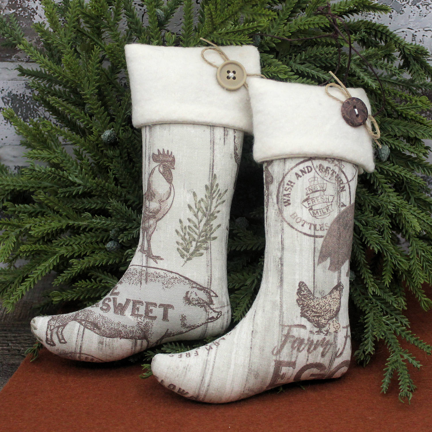 Decorative stockings with vintage farmers market design on a pine background