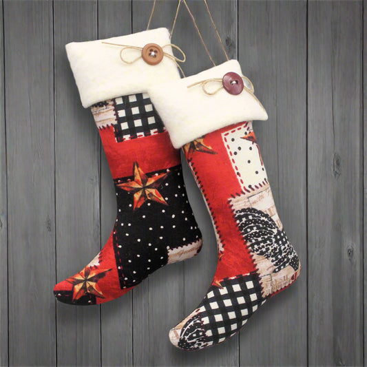 Christmas stocking ornaments with a red and black farmhouse design with white cuffs decorated with buttons