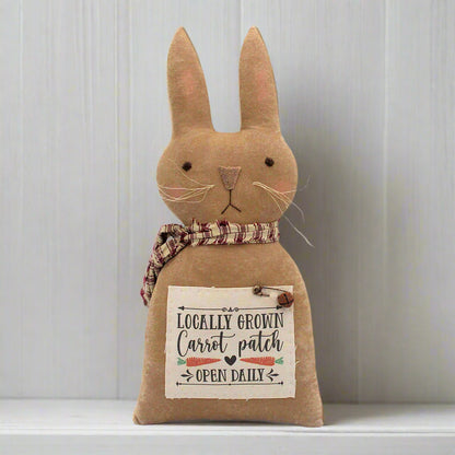 Primitive bunny rabbit doll with a carrot patch sign
