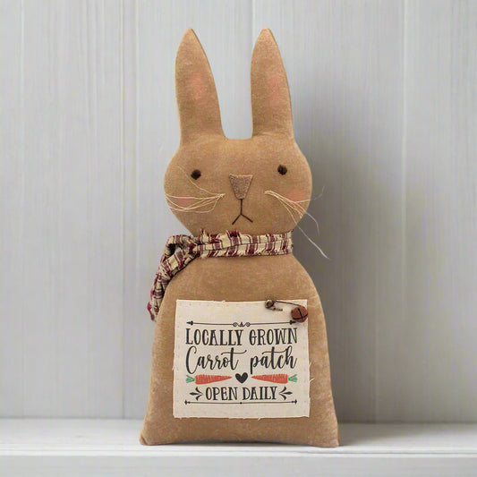 Primitive bunny rabbit doll with a carrot patch sign