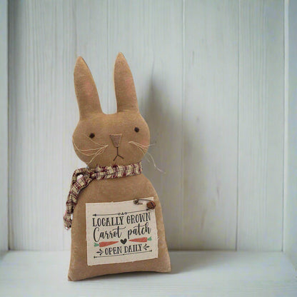 Primitive bunny rabbit doll with a carrot patch sign