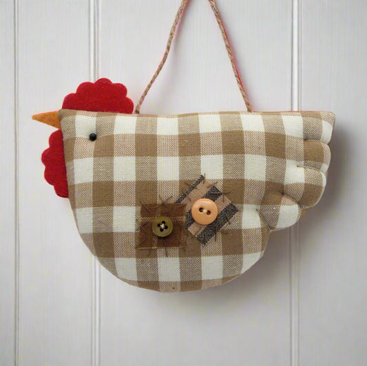 Fabric chicken ornament with checkered pattern on a white background