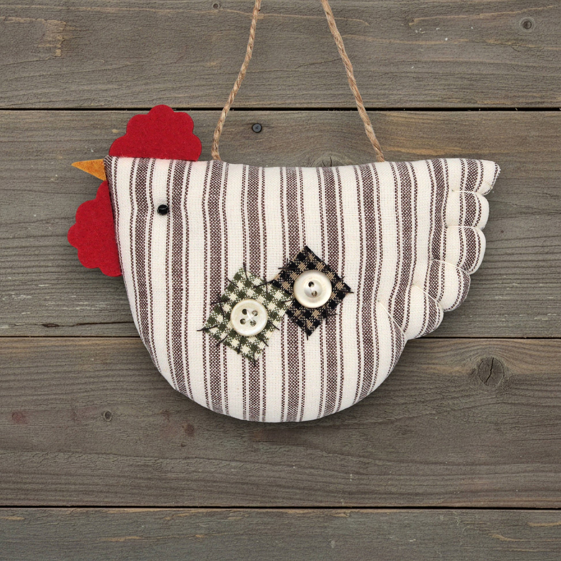 Country chicken ornament sewn from brown and eggshell striped homespun fabric