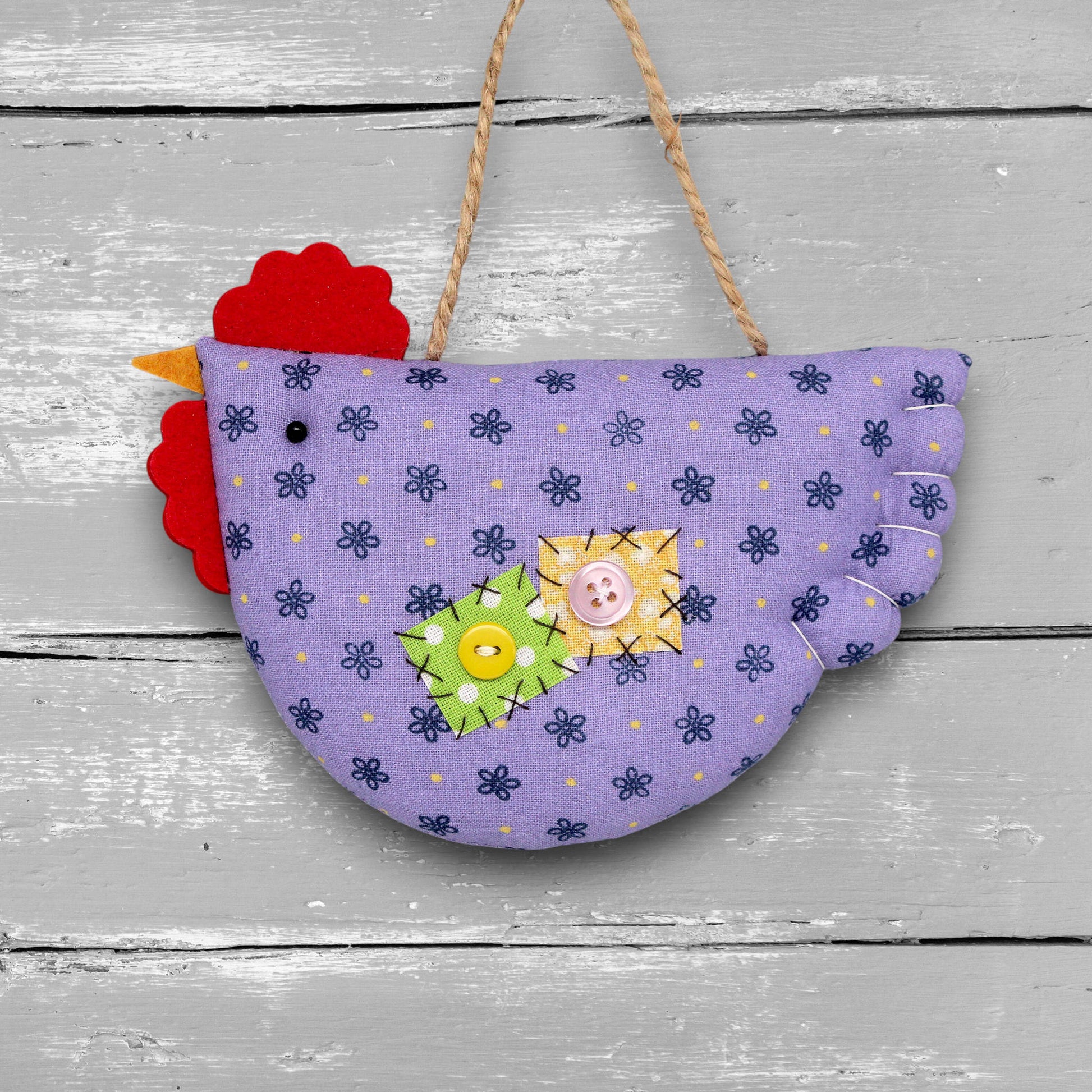 farmhouse chicken ornament in a light purple floral print fabric