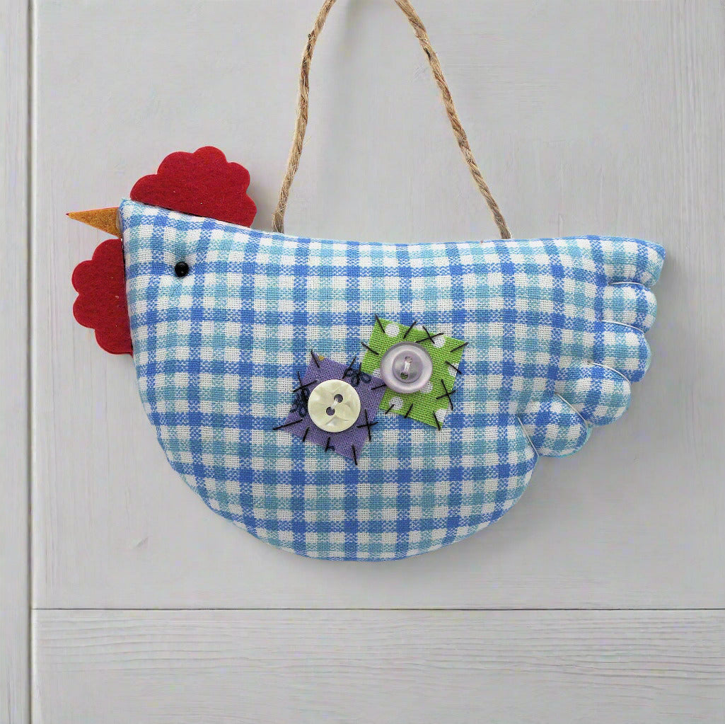 Fabric chicken ornament with blue checkered pattern on a white background