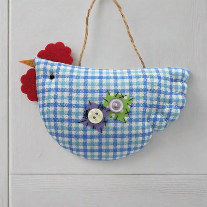 Fabric chicken ornament with blue checkered pattern on a white background
