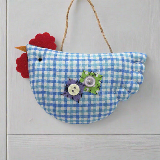 Fabric chicken ornament with blue checkered pattern on a white background