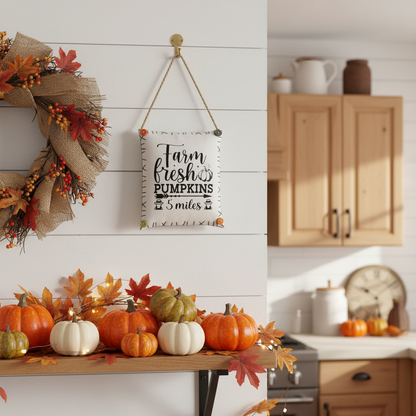 Autumn-themed kitchen with pumpkins, wreath, and decorative sign.