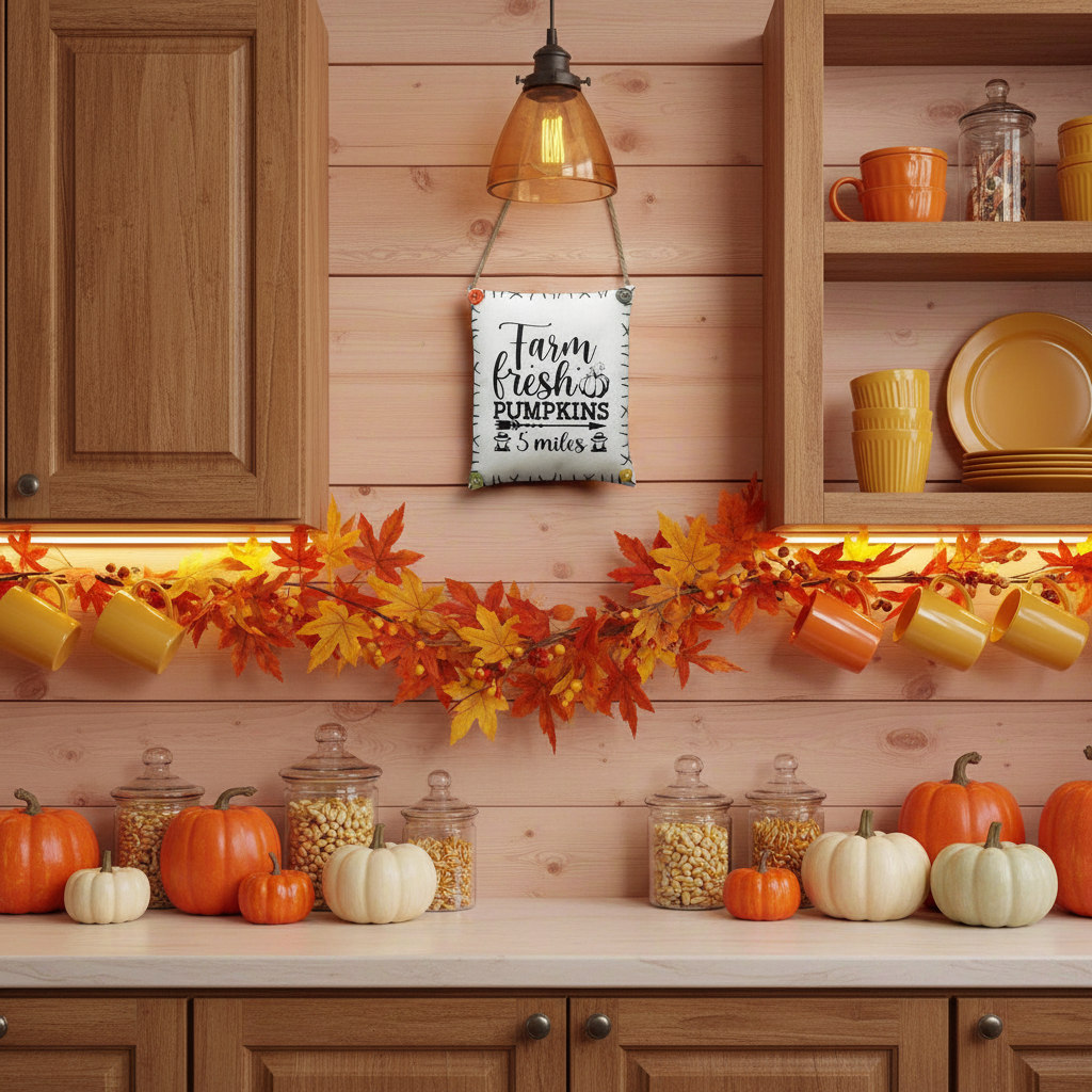 Decorative fall scene in a kitchen with pumpkins, jars, and a sign.