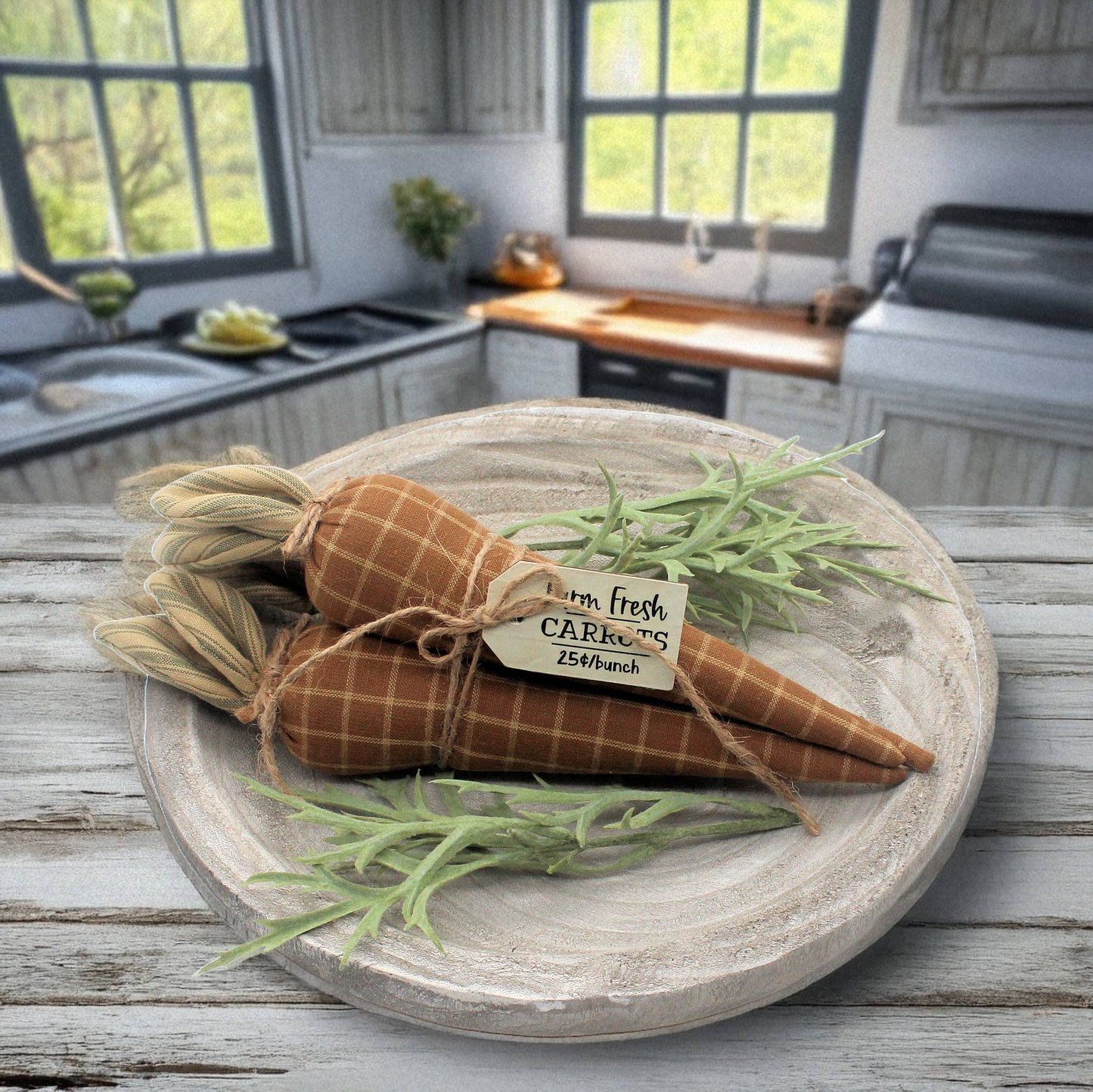 Decorative carrots on a wooden board with a kitchen background