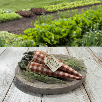 Decorative carrots with a checkered pattern on a wooden plate in front of a garden.