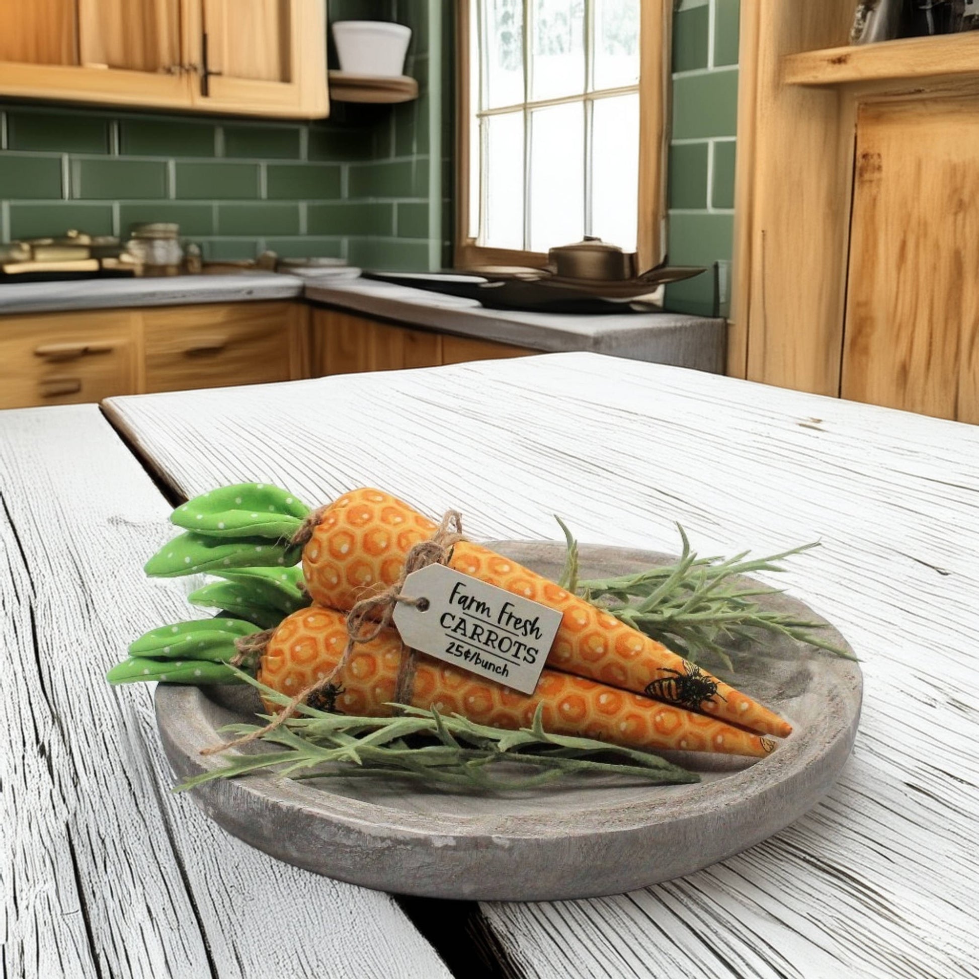 Decorative carrots on a wooden plate with a kitchen background