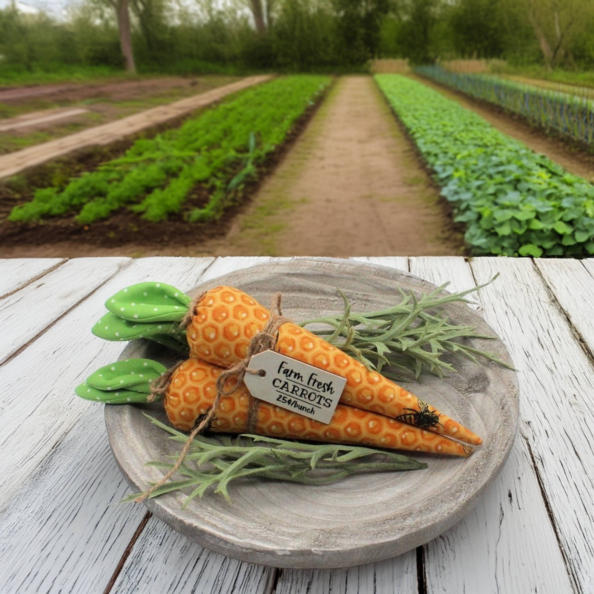 Decorative carrots on a wooden plate with a garden background