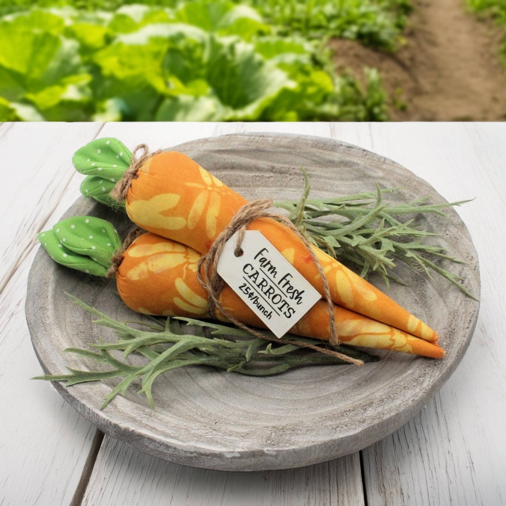 Decorative carrots on a wooden plate with a garden background