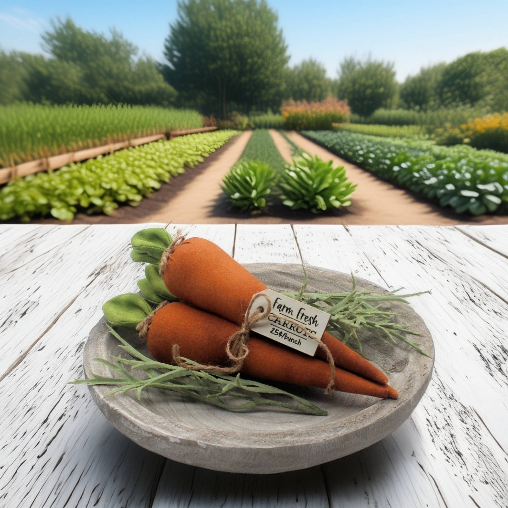 Decorative fabric carrots on a wooden plate with a garden in the background