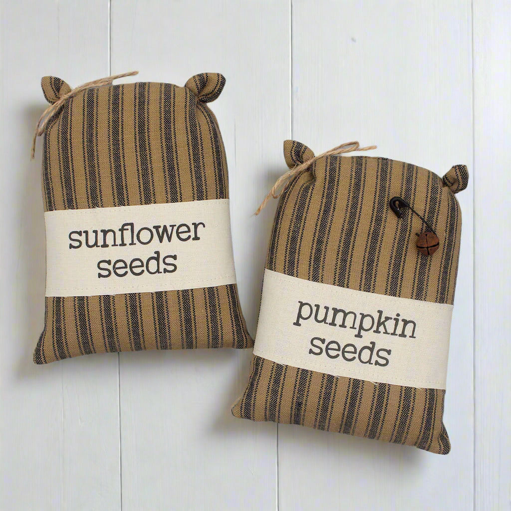 Set of two miniature homespun grain sacks bowl fillers with sunflower seeds and pumpkins seeds labels
