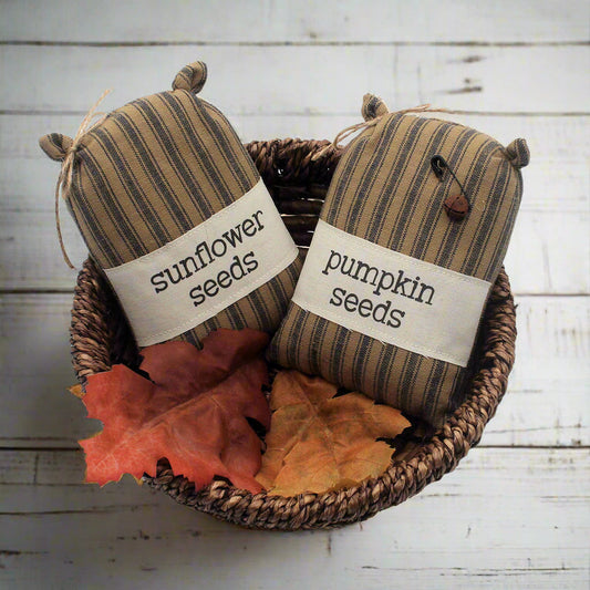 Set of two miniature feed sacks bowl fillers with labels for sunflower seeds and pumpkin seeds