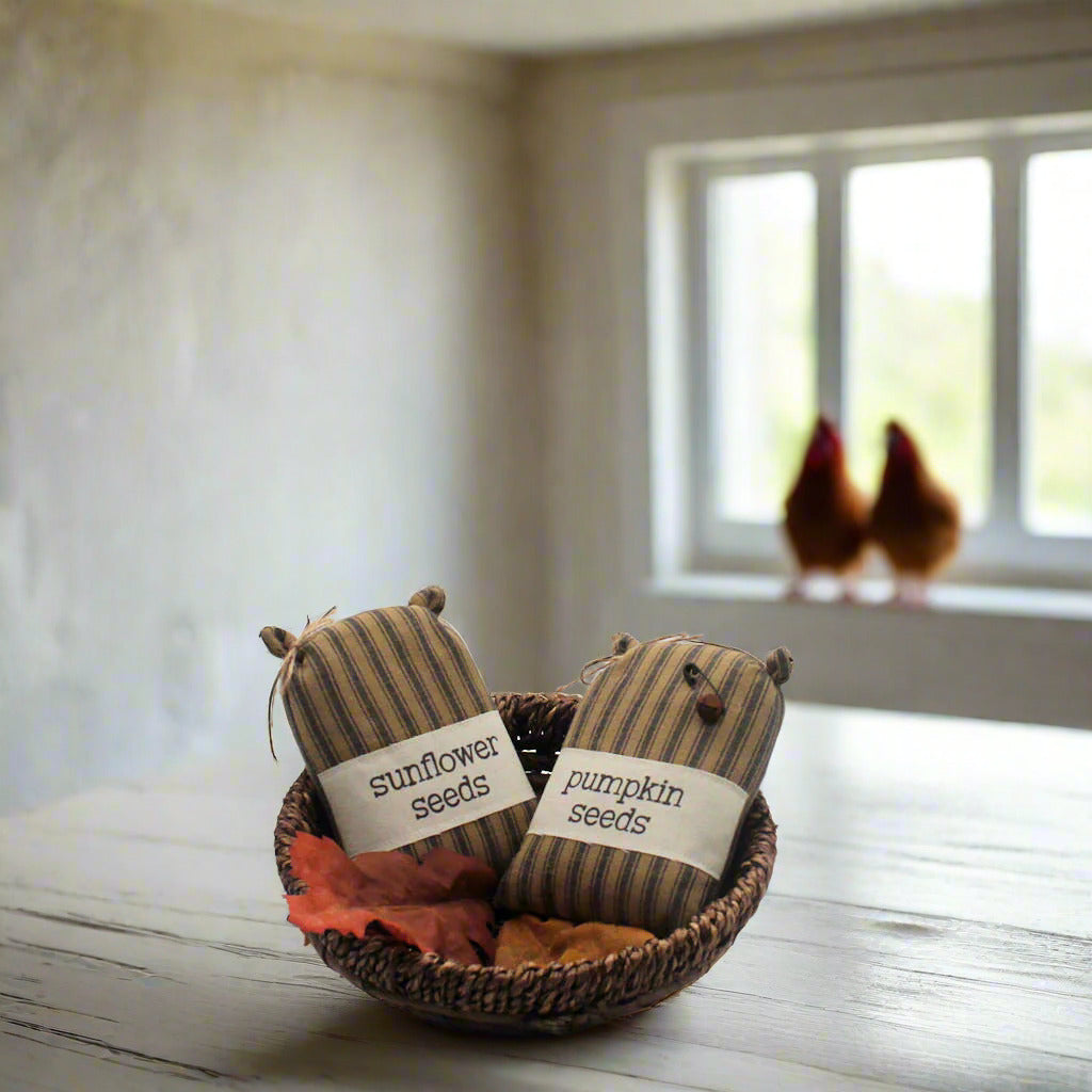Set of two grain sack bowl fillers with labels for sunflower seeds and pumpkin seeds