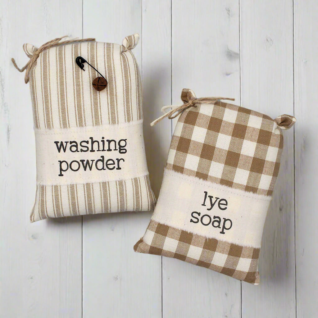 Set of two mini sack laundry room bowl fillers with labels for washing powder and lye soap