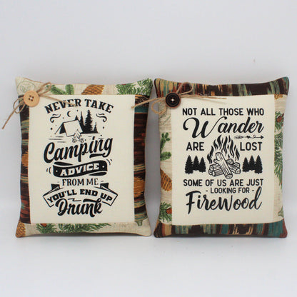 Funny Camping Mini Pillow Tucks – Set of 2, Screen-Printed Rustic Camper Decor