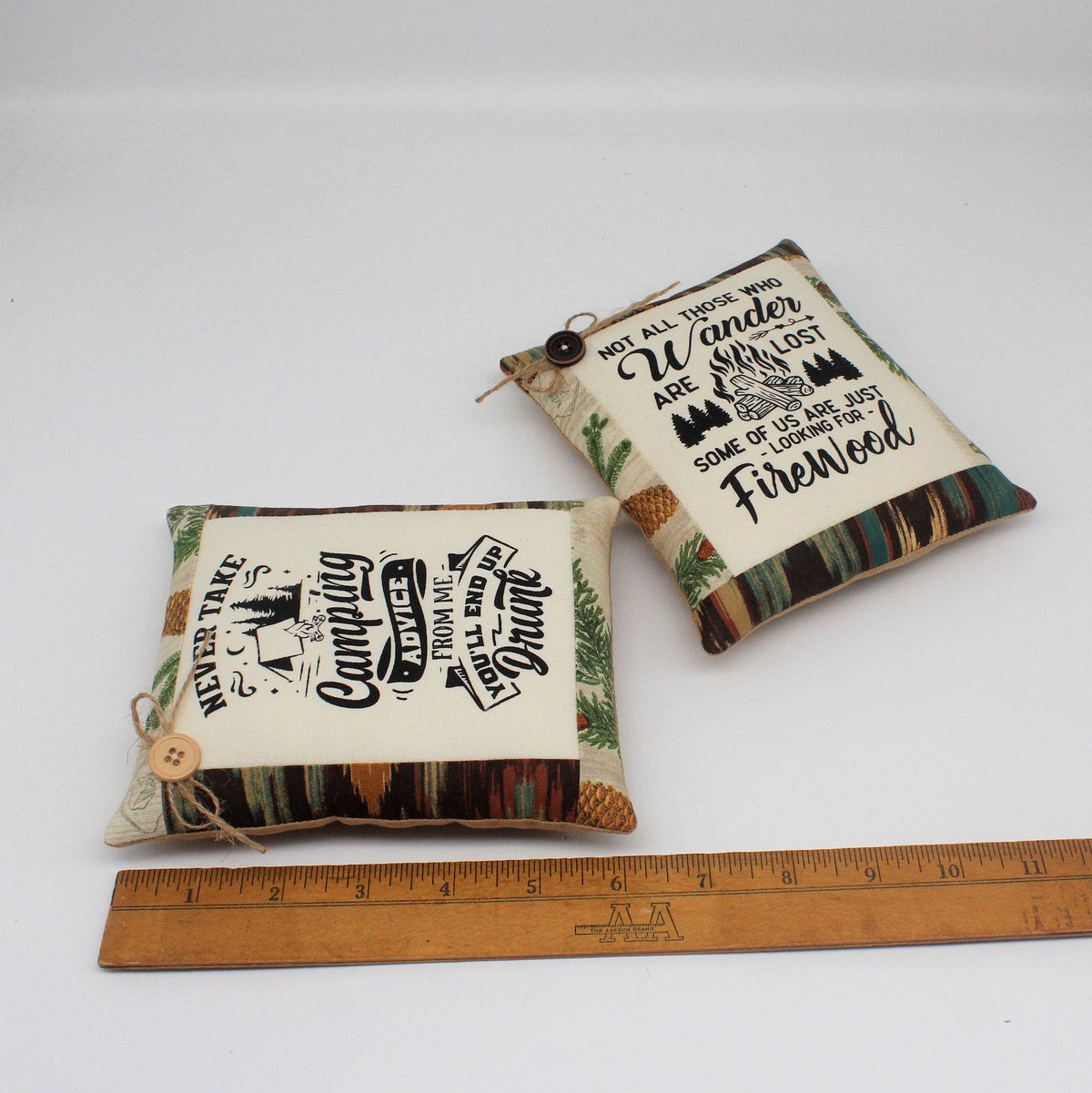 Funny Camping Mini Pillow Tucks – Set of 2, Screen-Printed Rustic Camper Decor