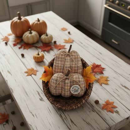 Decorative pumpkins and gourds in a basket on a wooden table with autumn leaves.