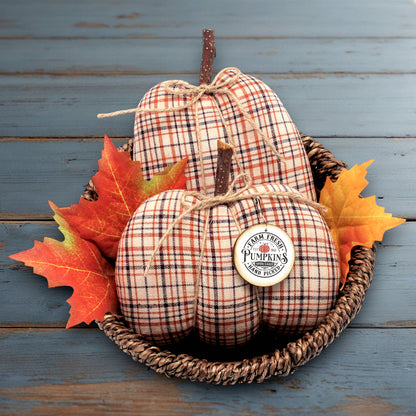 Set of two handmade pumpkin bowl fillers sewn from homespun fabric woven with orange, brown and cream color along with a wooden tag