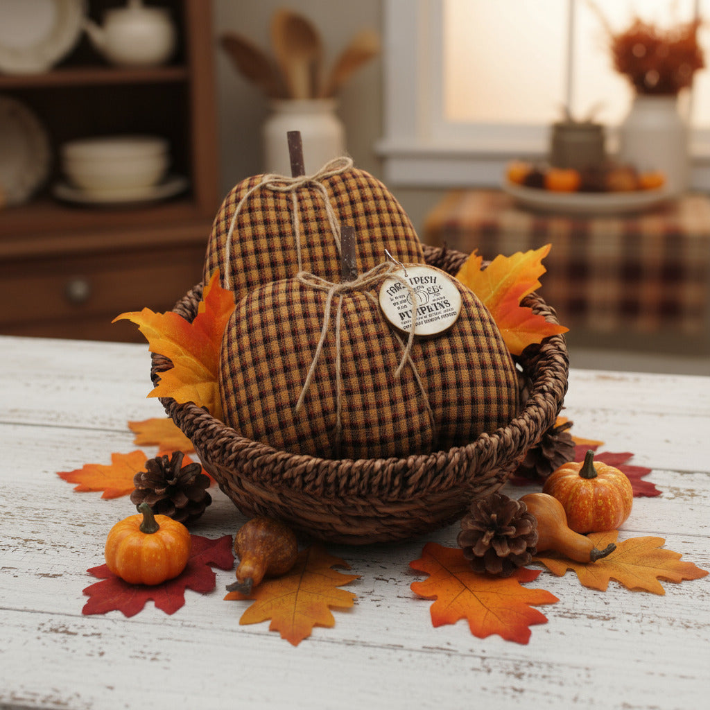 Decorative homespun fabric pumpkins in a basket on a table