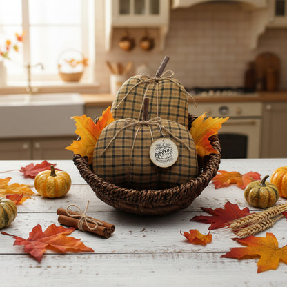 Decorative pumpkins with plaid pattern and twine in a basket with autumn leaves on a light background