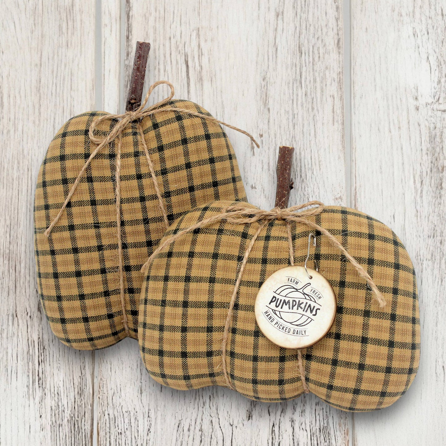 Primitive Pumpkin Bowl Fillers 2-Set Autumn Decor Golden Plaid