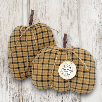 Primitive Pumpkin Bowl Fillers 2-Set Autumn Decor Golden Plaid