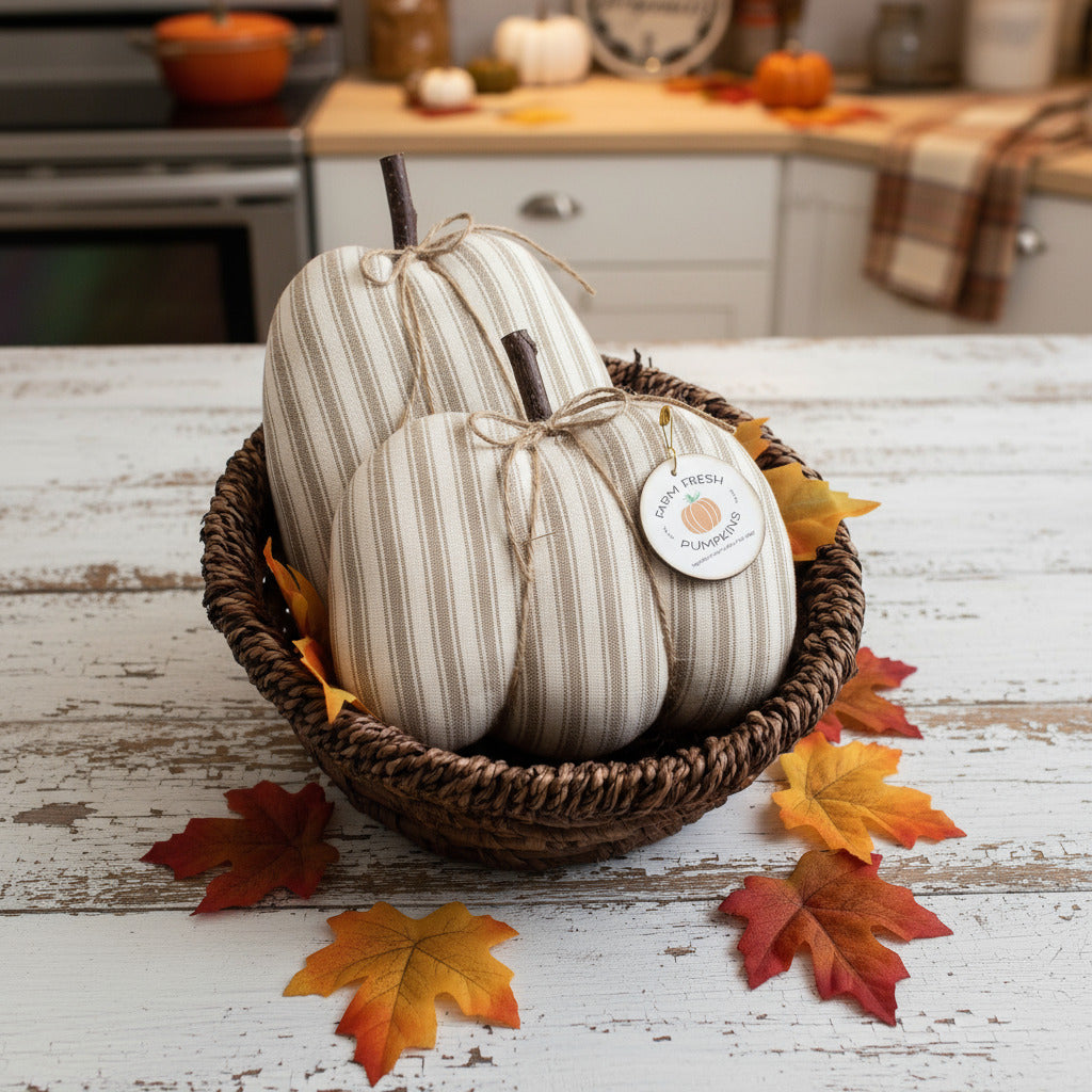 Decorative gourds with a tag in a woven basket on a wooden surface with autumn leaves.