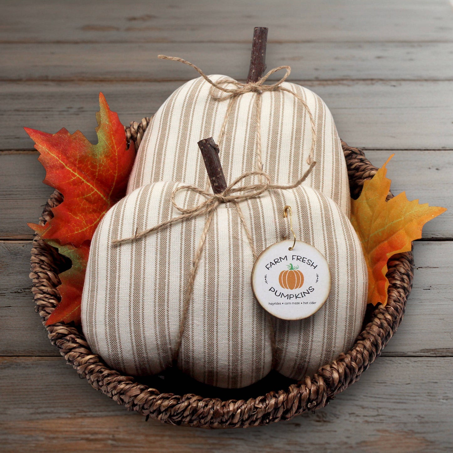 Primitive Pumpkin Bowl Fillers 2-Set Autumn Decor Tan Stripe