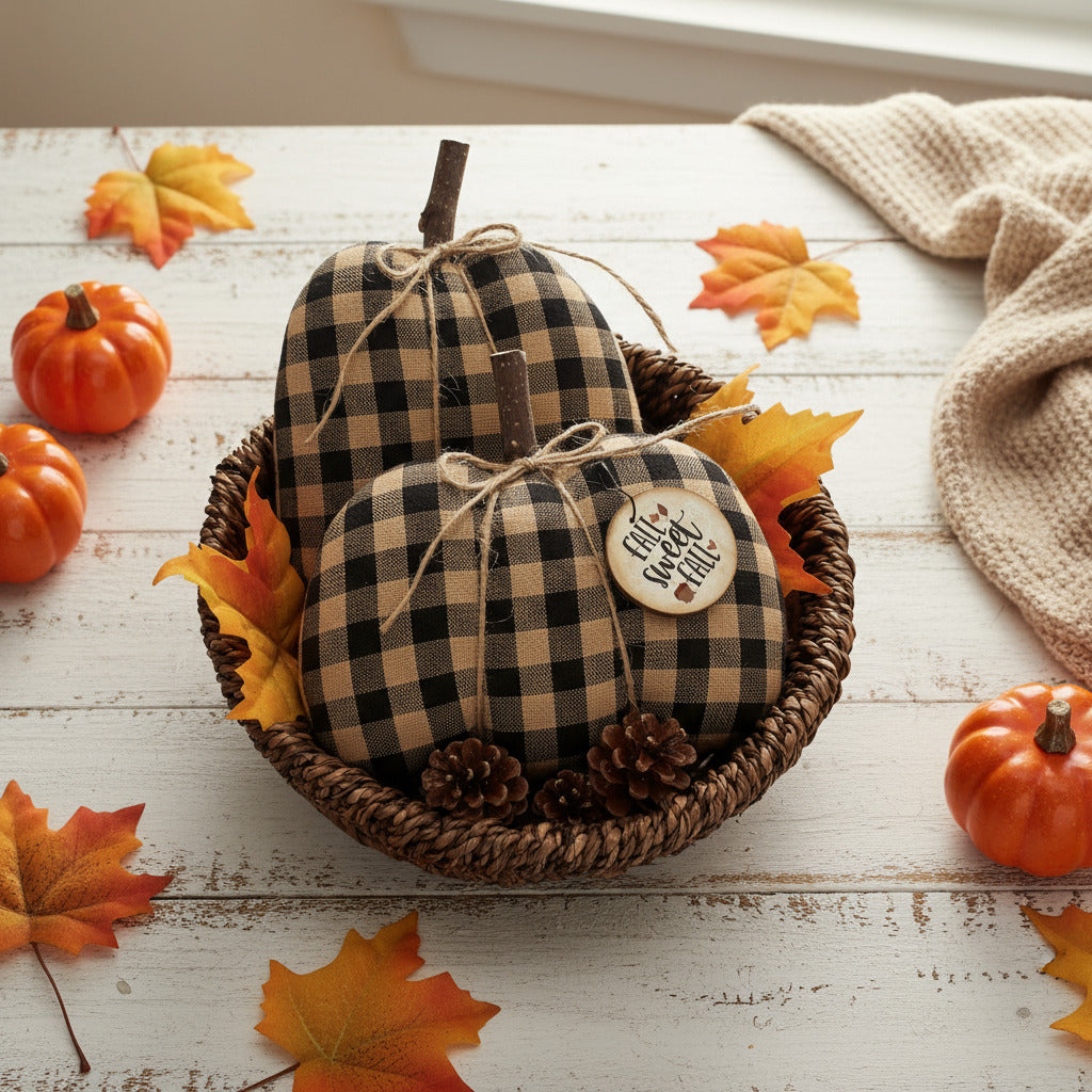Decorative checkered pumpkins with a tag in a woven basket on a wooden surface with fall leaves and pumpkins.