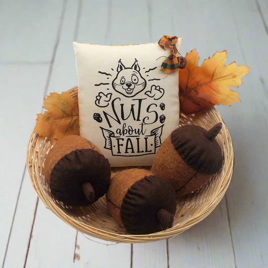 Set of three felt acorn bowl fillers and a mini pillow with a nutty squirrel design