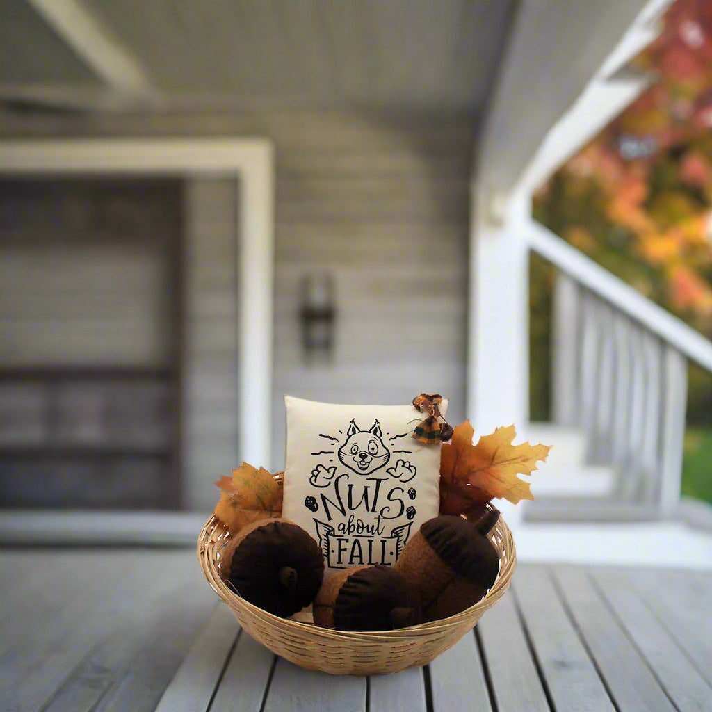 Set of three felt acorn bowl fillers plus a mini pillow with a nutty squirrel design