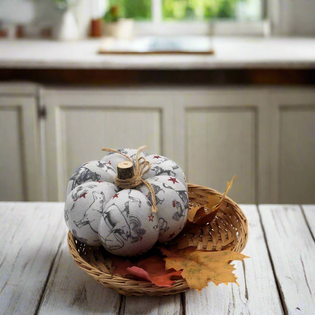 Decorative fabric pumpkin in a kitchen setting