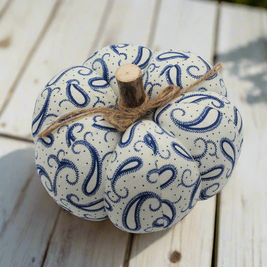 Decorative fabric pumpkin in a blue and white paisley design