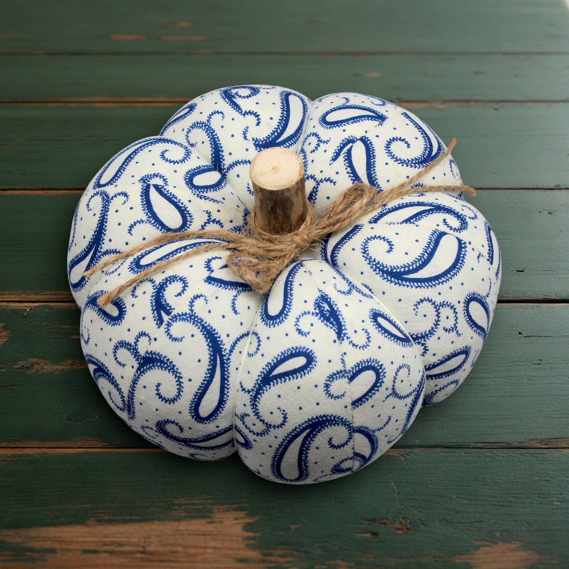 Decorative fabric pumpkin in a blue and white paisley design