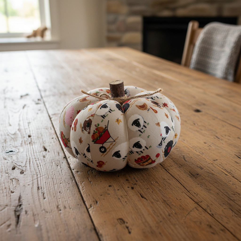 Decorative fabric pumpkin with a cute farm pattern