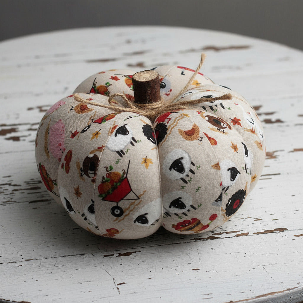 Decorative pumpkin with autumn-themed pattern on a rustic wooden surface