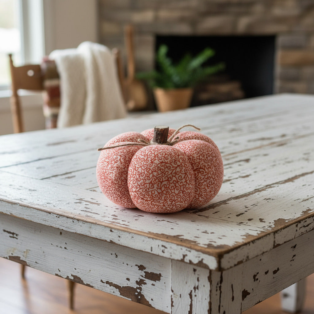 Decorative fabric pumpkin with an orange swirl design on a white background
